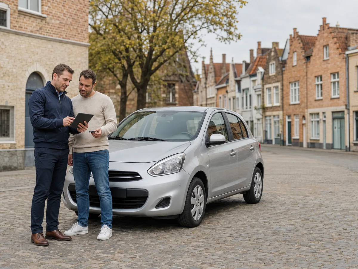 Sleuteloverdracht tussen verkoper en auto opkoper in Brugge na een vrijblijvend bod, met de historische torens van de binnenstad op de achtergrond
